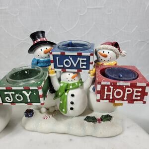 VTG Snowman Lot Yankee Candle Jar Light Holder Couple Hinged Trinket Box 1999